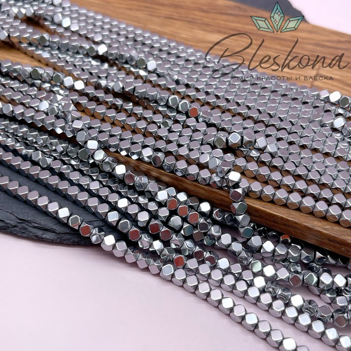 4 мм Гематин имитация, цвет темное серебро, куб огранка